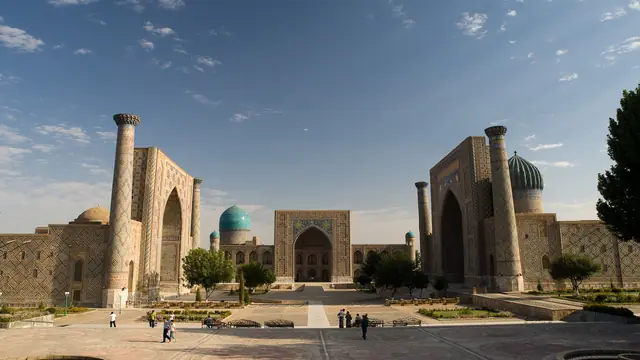 The Registan in Samarkand, Uzbekistan, a public square framed by three tiled madrasas.