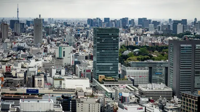 The Shinjuku skyline in Tokyo at dusk.