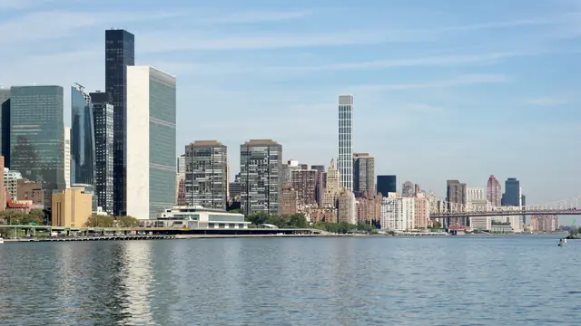United Nations Headquarters on the shore of the East River in New York City.