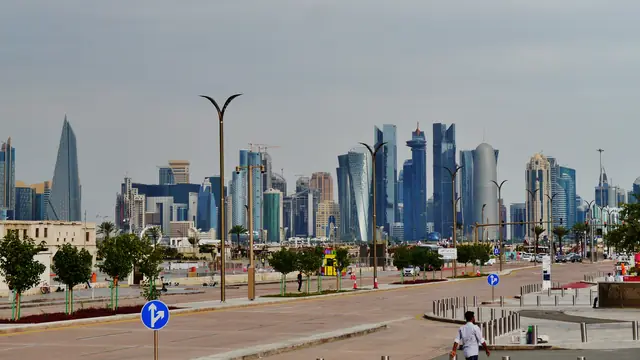 The West Bay skyline of Doha, Qatar, seen across the bay.